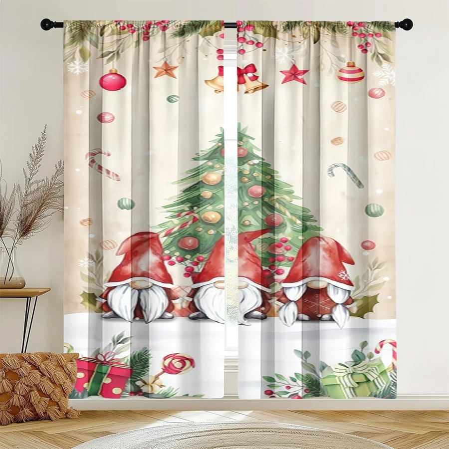 2PCS Christmas Curtains, Gnomes Christmas Tree, Digital Print, Bedroom Living Room Kitchen, Rod Pocket Polyester, Home Decor