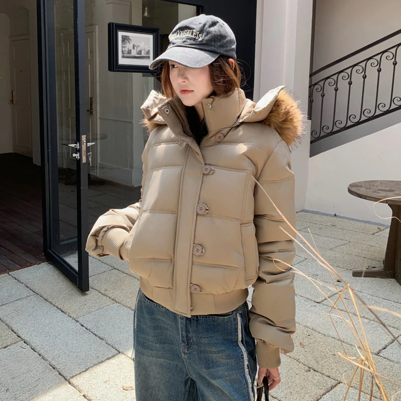 Grande gola de pele com capuz curto roupas de algodão cor sólida manga comprida zíper acolchoado casaco chique engrossado quente amassado jaqueta