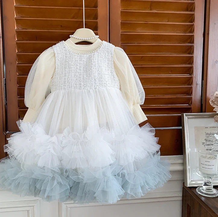 

New Baby Girls Fall Boutique Fashion Sets Blouse + Vest Mesh Dress Princess Sweet Suits 2-6T