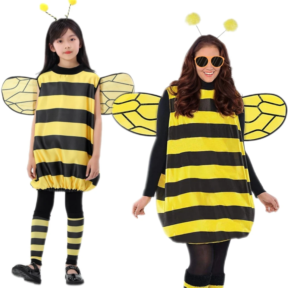 

Halloween Kids Women Bee Cosplay Costume Set Queen Girls Yellow Bee Costumes Role Play Striped Dress Wings Headband Leg Sleeves