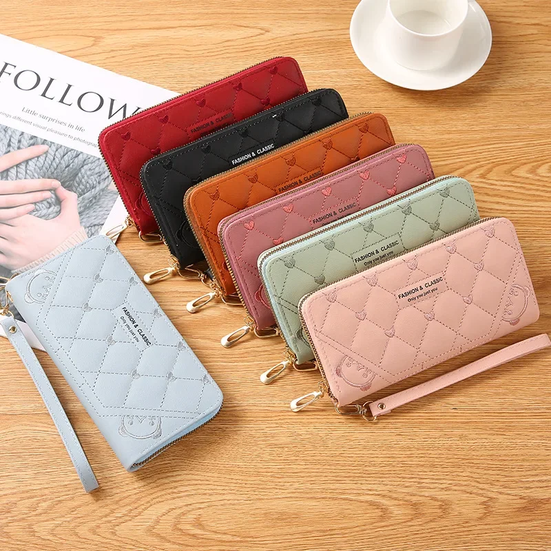 

Female PU Leather Wallets Credit Card Holder Zipper Clutch Ladies Coin Purses Heart Embroidery Money Bag Billeteras Para Mujer