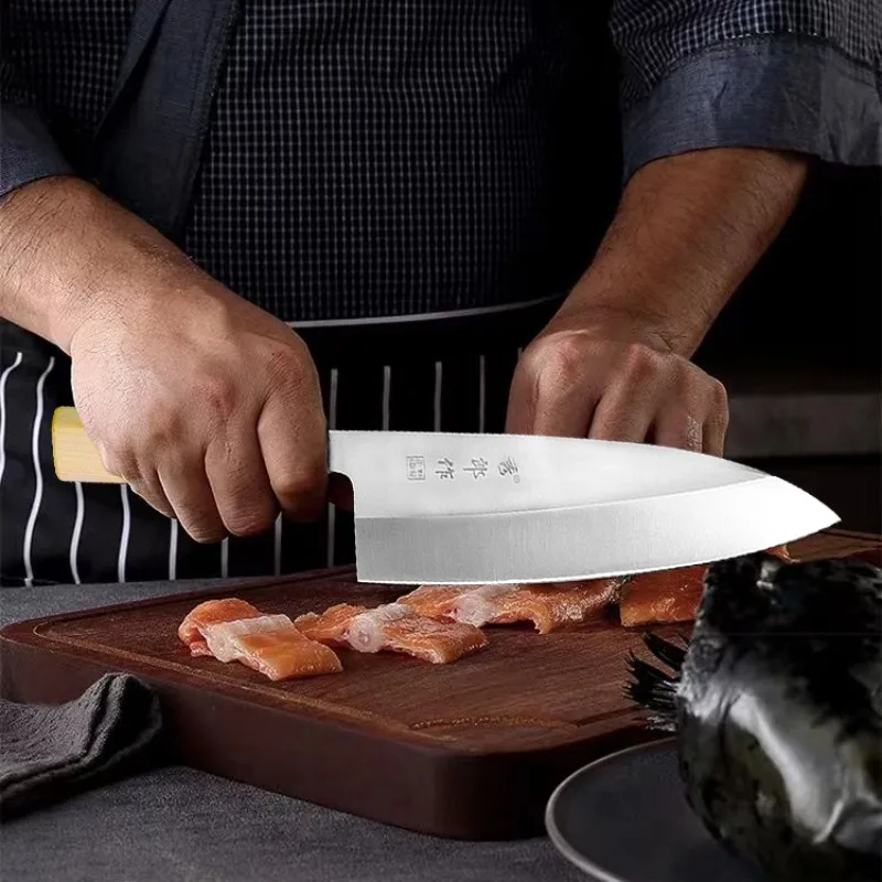 Cuchillo de cocina japonés para Sushi y Sashimi, utensilio de Chef de acero inoxidable con alto contenido de carbono para rebanar salmón y carne