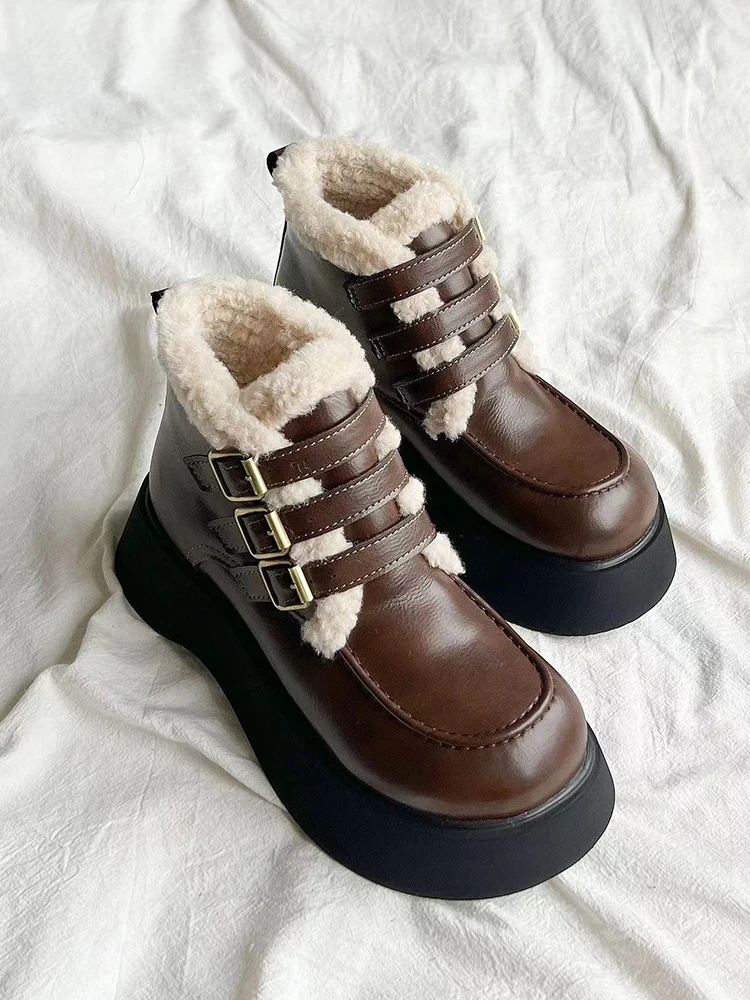 2024 New Snow Boots For Women Female Shoes Winter Plush Round Toe Flat Heel buckle strap Leather Warm Girl Boots Fur Shoes 41