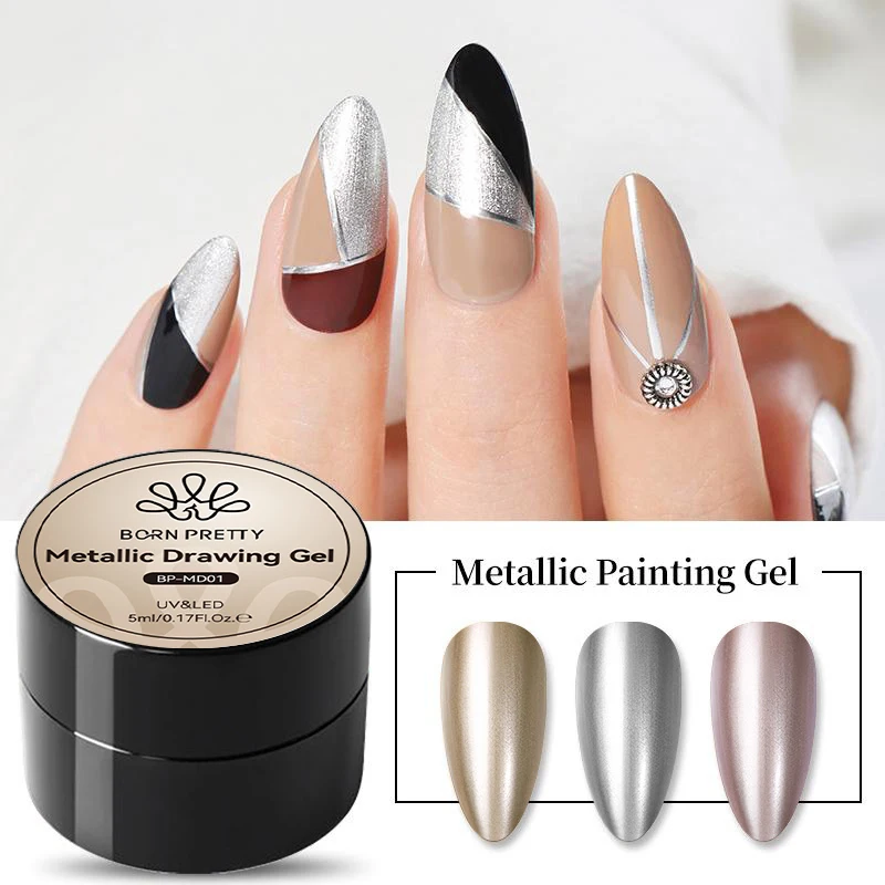 BORN PRETTY 5ML Super Silver Metallic Gel Nail Polish Mirror Metal Effect Painting Gel Chrome Varnis Semi Permanent for Nail DIY