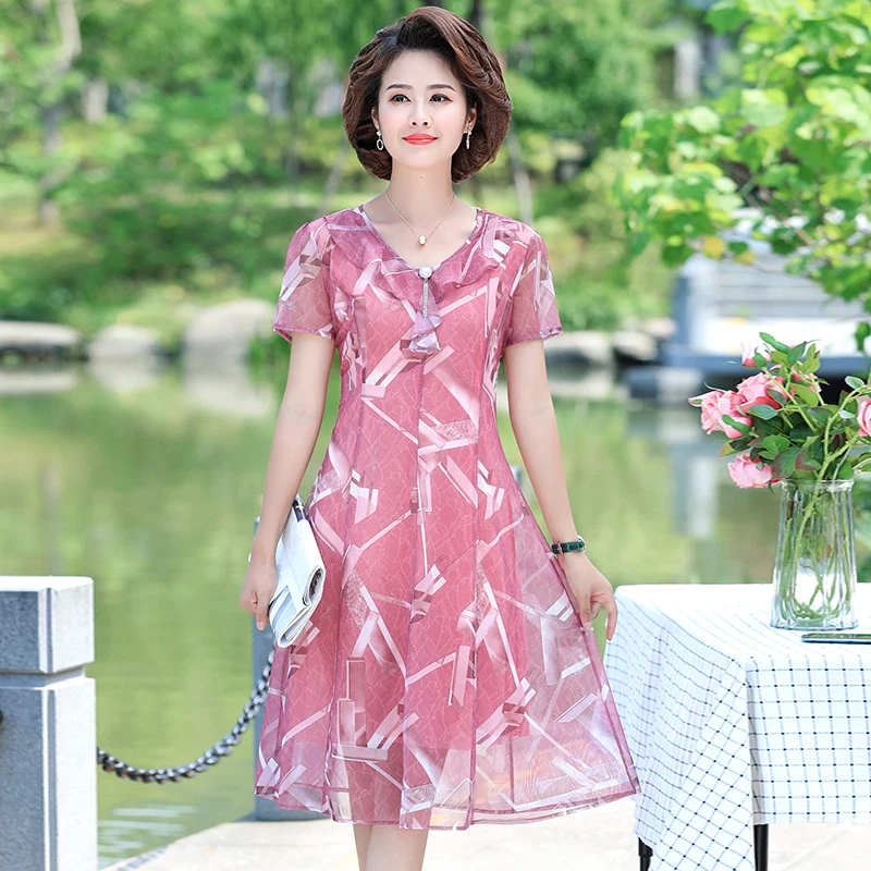 

Middle-aged and elderly dress women summer 40-year-old dress casual mid-length Flower printed dress mid-length Mesh Vestidos