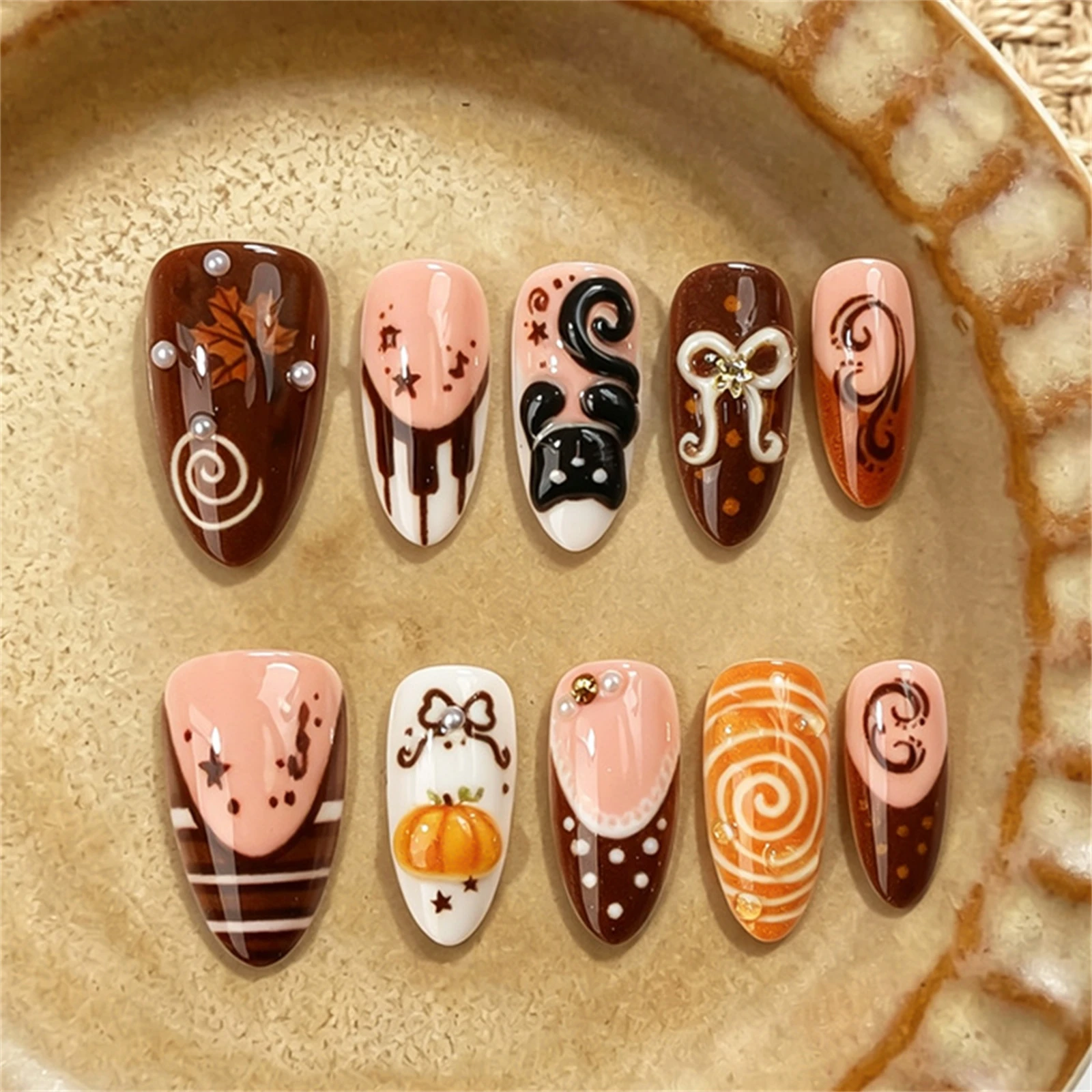 30pcs Autumn Winter False Nails 3D Black Cat Bowknots Pumpkin Maple Leaf Designs Press On Nails Brown Almond French Fake Nail