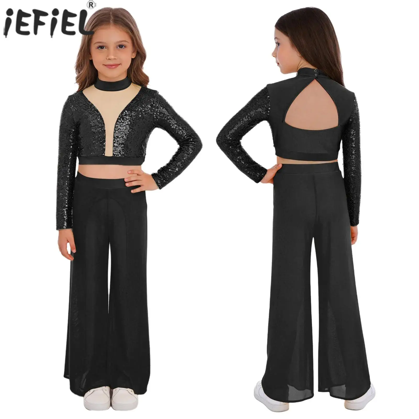 Kids Girls Lyrical Dance Costume Long Sleeve Shiny Sequins Crop Top with Mesh Wide-Leg Pants for Ballet Figure Skating Gymnastic