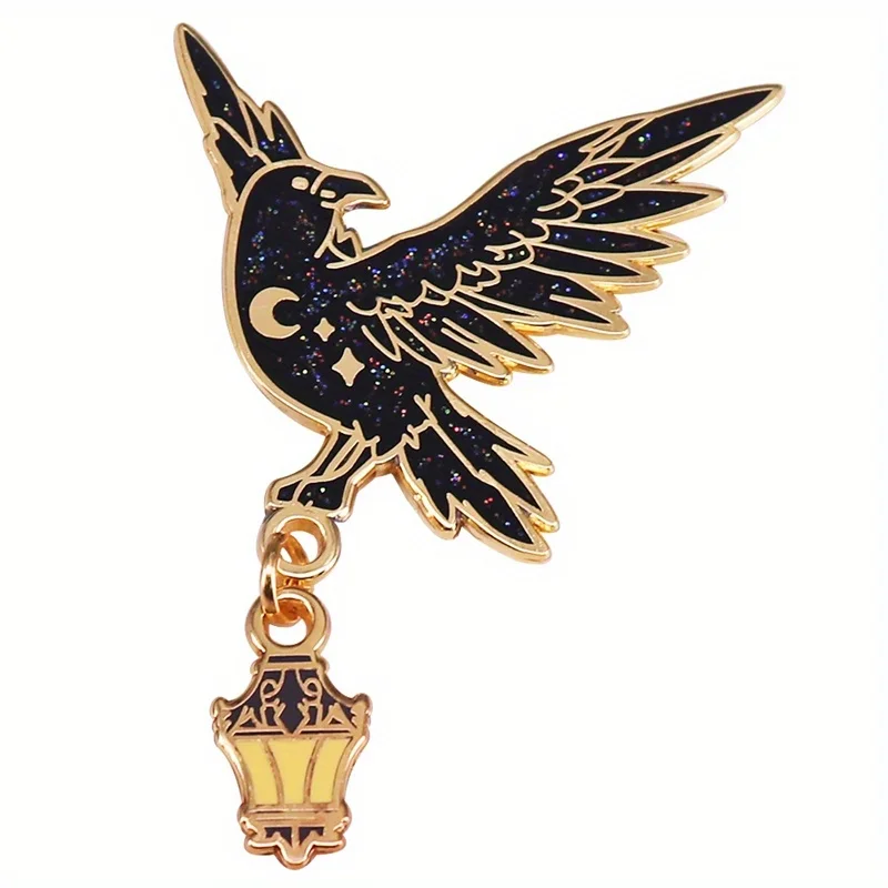 Raven and Lantern Glitter Enamel Pin Starry Crow Badge Black Bird Brooch Fantasy Jewelry Decoration