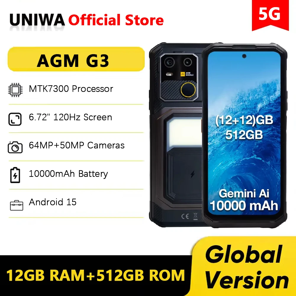 AGM G3 5G Rugged Phone 24GB 512GB Mobile Phone 10000mAh 6.72 Inch 120Hz Dimensity 7300 Smartphone Android15 Camping light