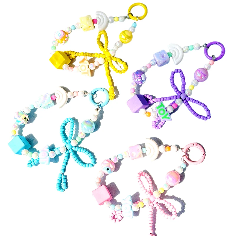 Cartoon Bow Beaded Mobile Phone Lanyard Chain Cheese blocks For Women Anti-Drop Cellphone Chain Telephone Hanging Cord Jewelry