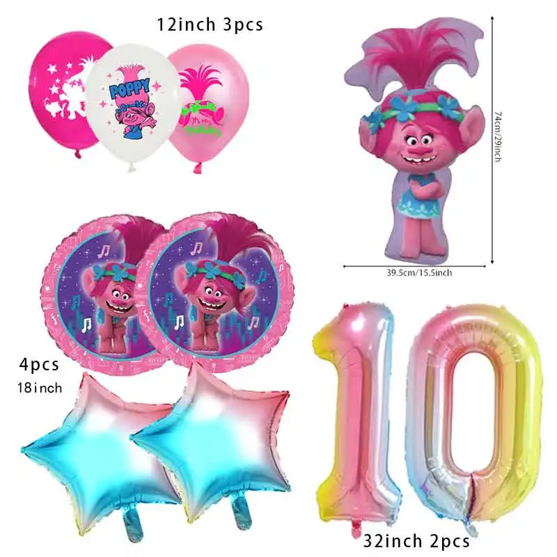 Princess Trolls foil Balloon GirlBirthday Party Decoration Pink Number Ballon Welcome Arch Room Home Decor Boy Gift Kid‘s Shower