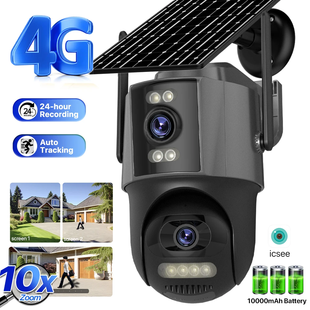 

4G Solar Camera 24/7 Video Recording 10x Zoom Outdoor PTZ Camera Three Screen Battery 8MP 4K HD Auto Tracking Security iCsee