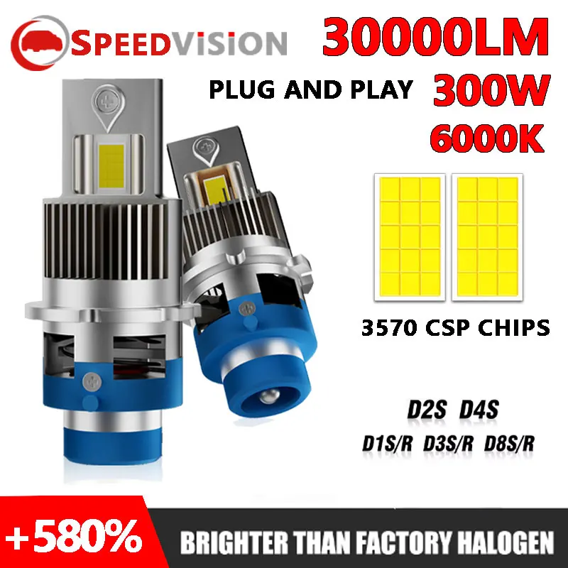 

300W D2S D4S LED Headlights Bulbs HID D1S D3S D2R D4R Replaceable Kit Xeon LED 30000LM Finned Large Copper Tube 30Pcs CSP Chips