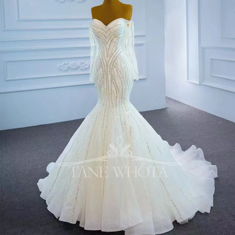 Gaun Pengantin Putri Duyung Cocok Mewah Putih dengan Manik-manik Berpayet Punggung Berenda Lengan Panjang Sayang Gaya 2025 Dapat Disesuaikan