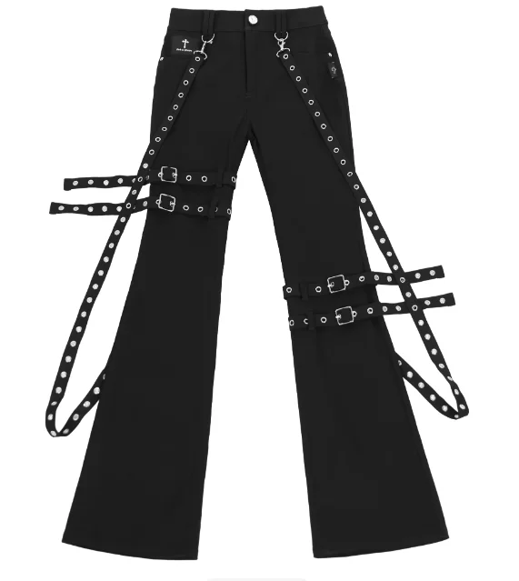 New Original Harajuku Gothic Pants for Girl, Casual Black Pants, Bandage Stitching Fashion, High Waist Slim Pants, Streetwear