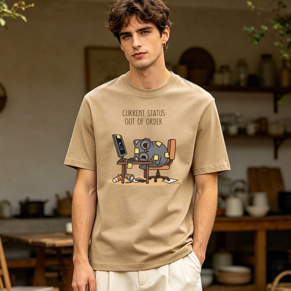 Current Status Out Of Order Overworked Office Cat Graphic Men Summer Cotton T Shirt Tired Worker Cartoon Casual Short Sleeve