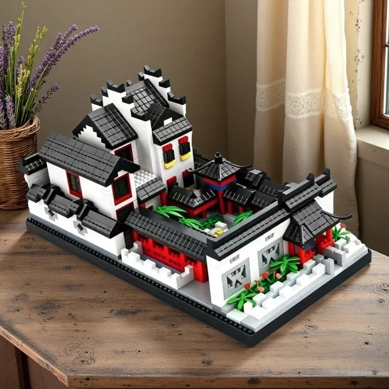 china huizhou bricks, ancient courtyard model, chinese style micro blocks, traditional architecture toy