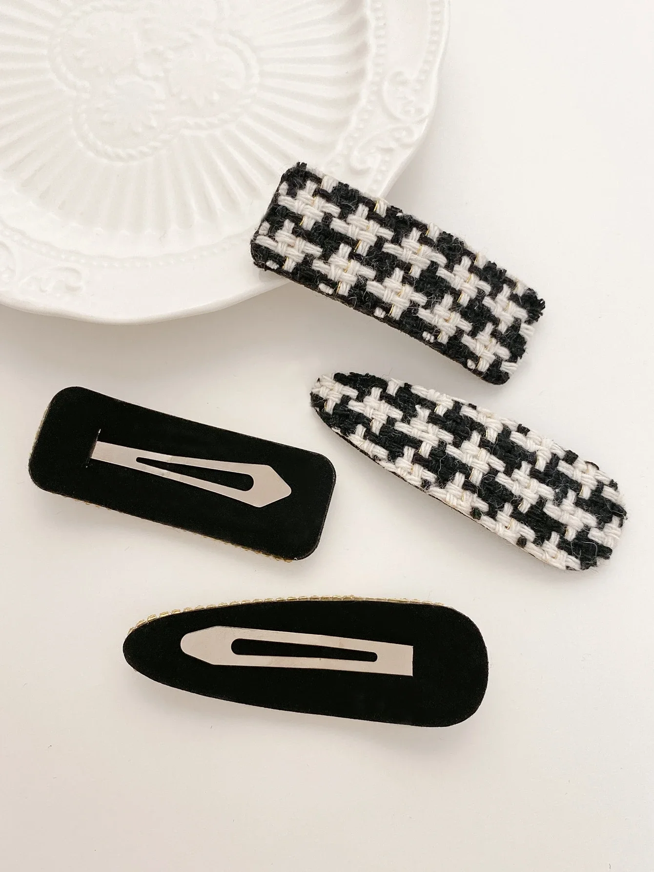 

Set Of 4 Women's Black And White Houndstooth Fabric Hair Barrettes With Rhinestone Trim