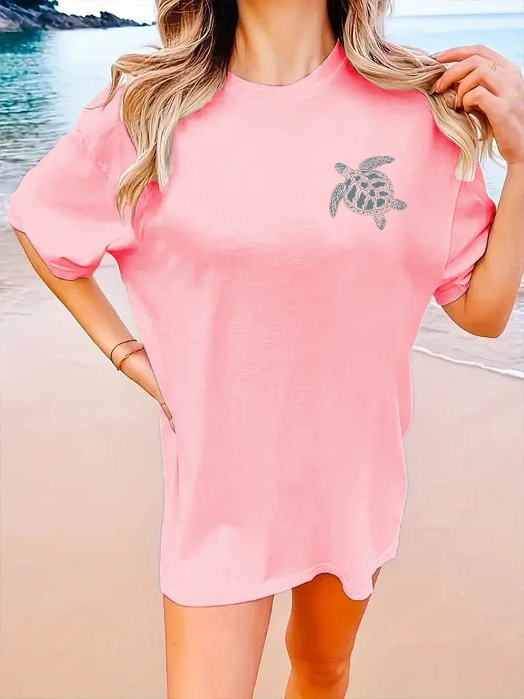 2024 New Cute Turtle Letter Printed T-shirt Summer Short Sleeved Round Neck Casual Top Pure Cotton Women\'s Fashion Clothing