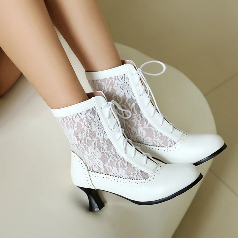 

Vintage Women's Ankle Boots Victorian Round Toe Short Booties Woman Elegant Lace Up Mesh Spliced Ladies High Heeled Brogue Shoes