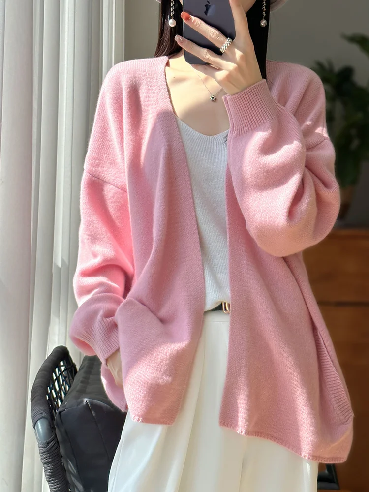 ADDONEE Women Cashmere Sweater Casual Loose Cappa Cardigan Autumn Winter 100% Merino Wool Knitwear Korean Popular Clothing Tops