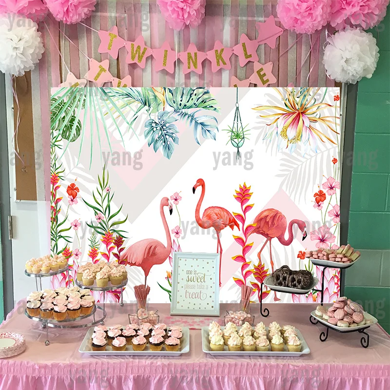 Custom Summer Rad Flamingo Colorful Jungle Flower Children's Day Anniversary Baby Birthday Party Photography Backdrop Background