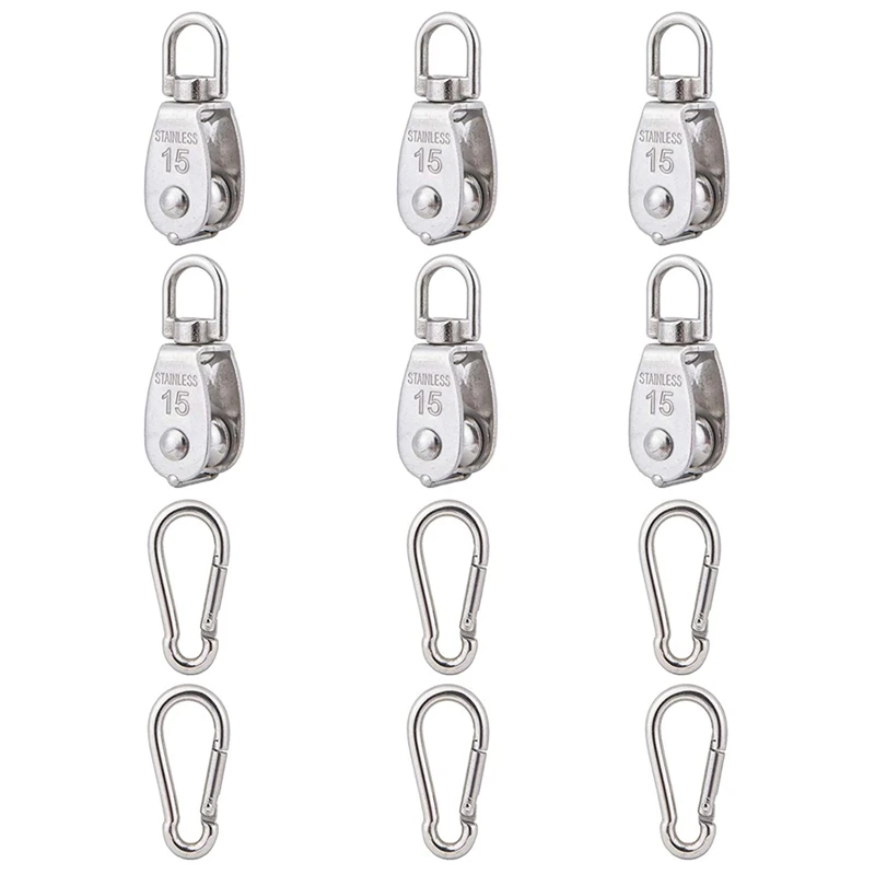 

6 Pcs Stainless Steel Wire Pulleys M15 Single Pulley Lifting Wire Rope Suspension Traction Pulley With 6 Spring Hooks