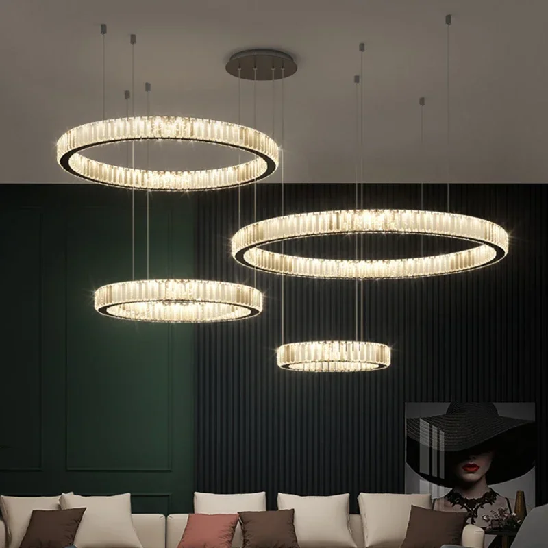 Modern Crystal Circle Led Chandelier Lighting Living Dining Room Pendant Lamp Home Decor Bedroom Lampara Hanging Light Luminaria