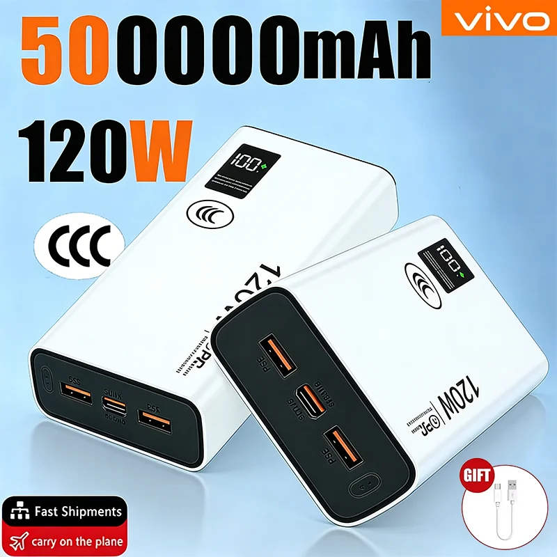 VIVO 2026 Large Capacity 500000mAh Powerbank 120W Fast Charging LEDPower Bank Portable Battery Charger Supply For Iphone Samsung