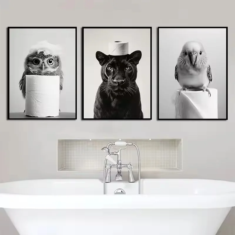 Animal Bathroom Toilet Paper Canvas Painting Poster Otter Hedgehog Giraffe Gift Wall Room Home Decor Black White Print Modern view 5