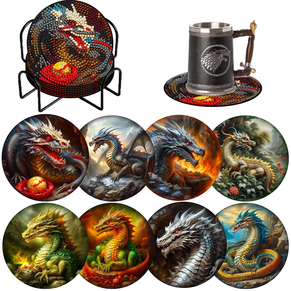 

8PCS Diamond Painting Coasters Kits Dragon Wooden Full Drill Diamond Coaster Nutcracker Diamond Painting DIY Coaster Easter Eggs