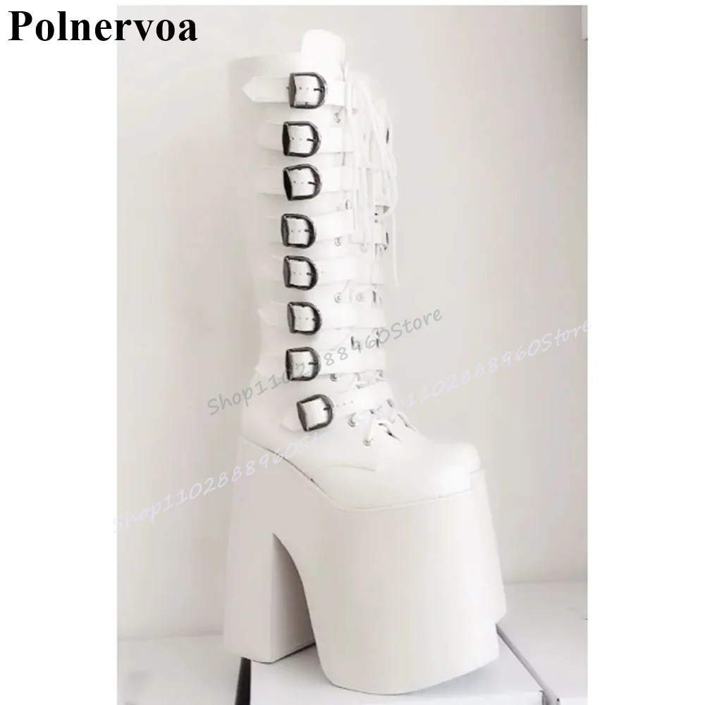 

Trendy Mid Calf White Buckle Strap Cross Tied Boots Thick Heel Shoes For Women Side Zipper 2025 Fashionable Zapatos Para Mujere