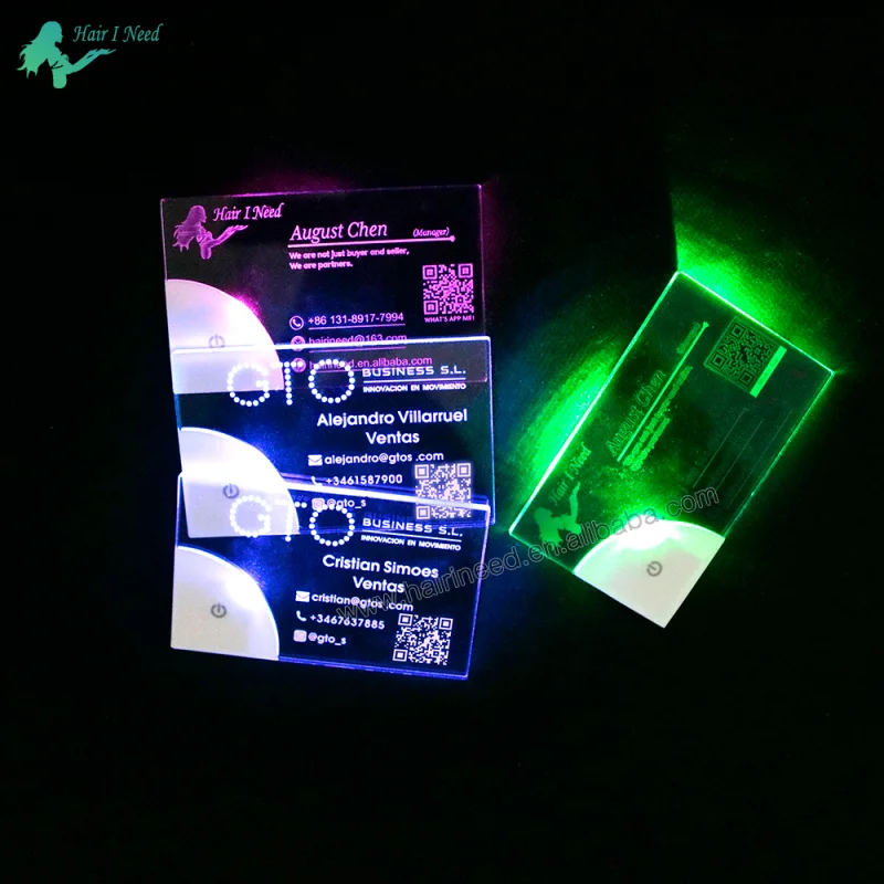 Customized low MOQ LED Acrylic Business Cards with Logo Glow in the Dark Luminous Name Card Light up Business Card Printing