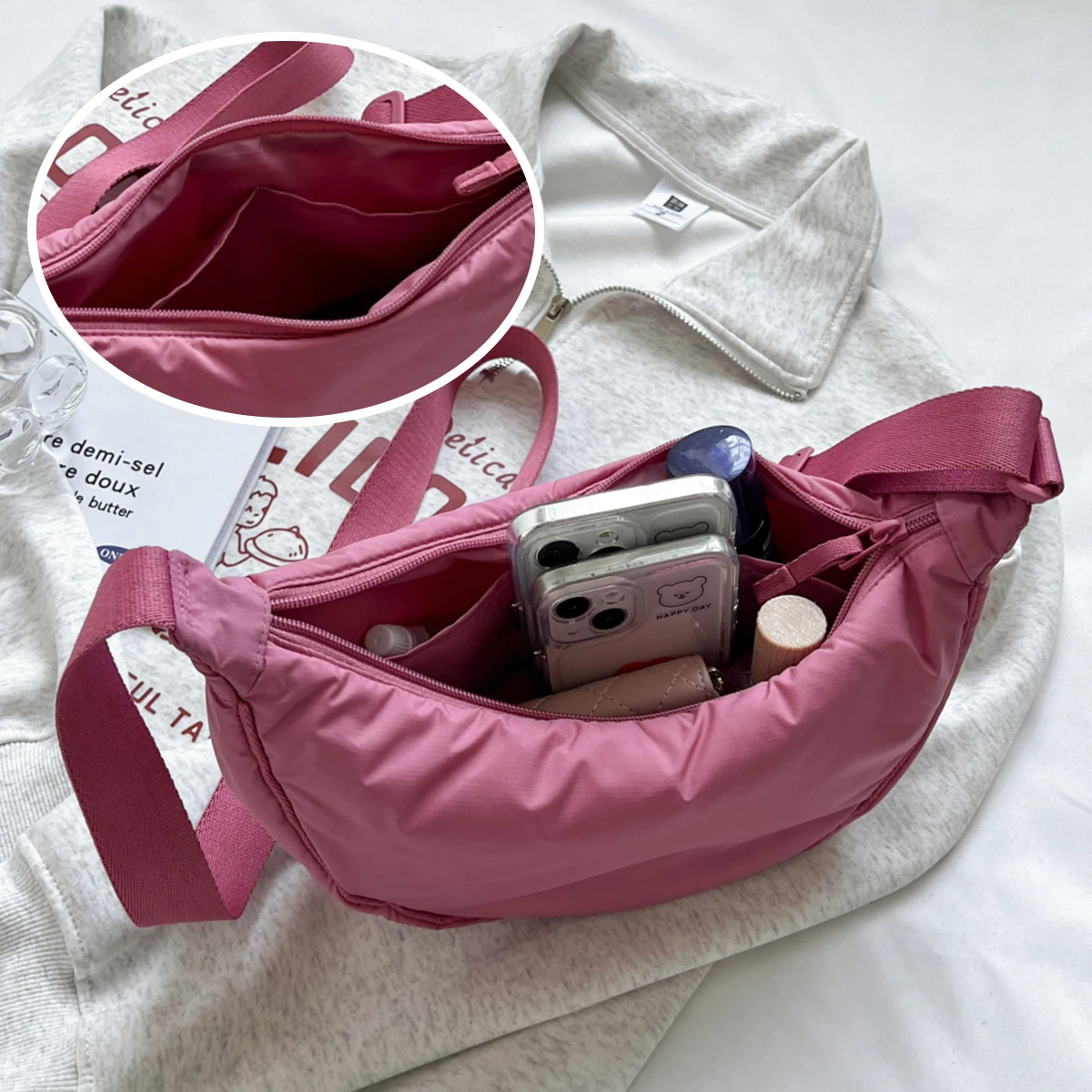 Neue, schlichte, wasserdichte Umhängetasche für Damen, tragbare Tasche zum Tragen unter dem Arm, geräumige, lässige Schultertasche für Herren, leichte Reisetasche aus Canvas zum Einkaufen und Wandern. – Detail 11