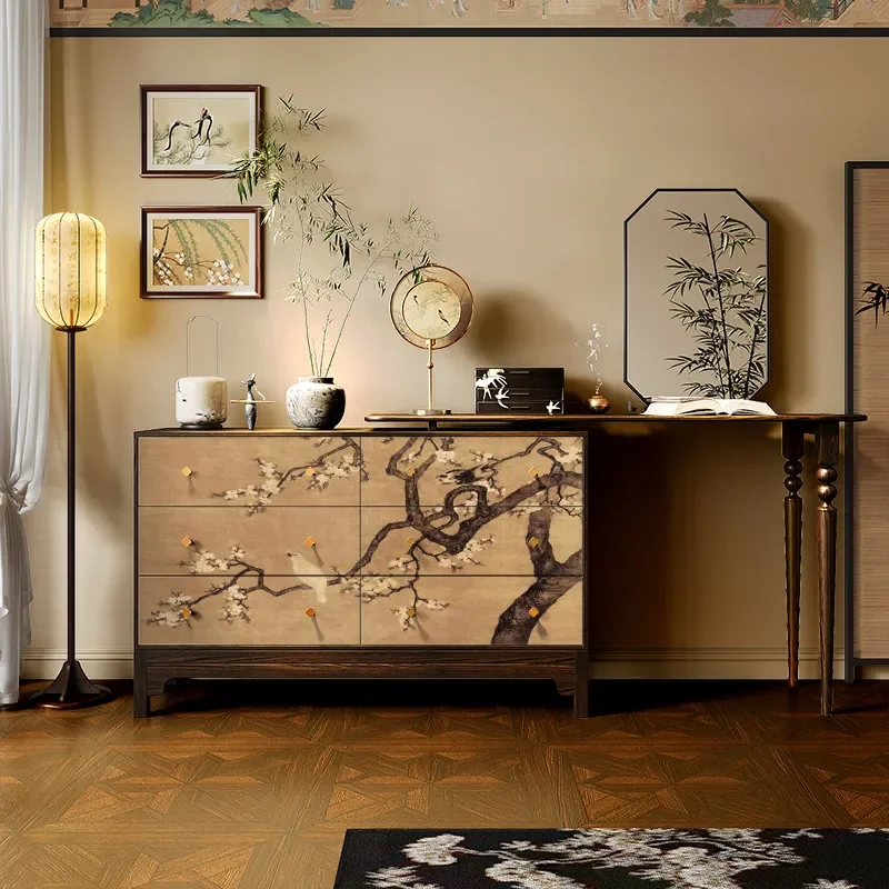 Song Style Aesthetics Floral Bird Solid Wood Locker Side Cabinet Bedroom Dresser Chest Living Room Integrated Storage Cabinet