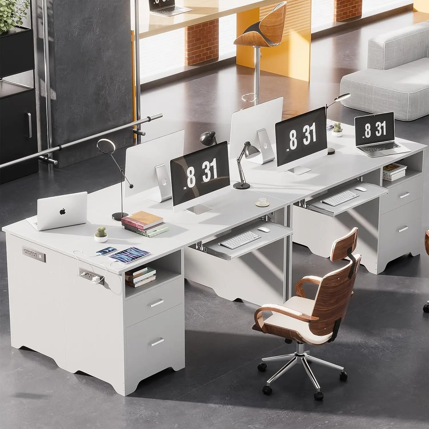 Reversible Computer Desk with File Drawers, 55 Inch Office Desk with RGB LED Light and Power Outlet, Sturdy Writing Des