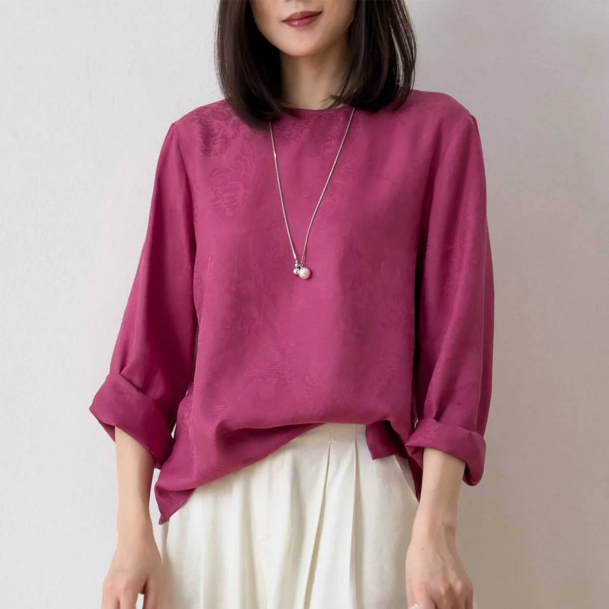 70% Mulberry Silk 30% Cotton Women Long Sleeve Shirt 30 Momme Jacquard Spun Silk Hot Pink Casual Top Blouse Pullover M L M1516