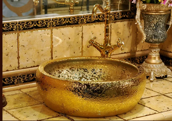 

Europe Vintage Style Ceramic Art Basin Sink Counter Top Wash Basin Bathroom Vessel Sink vanities golden wash basin bathroom sink
