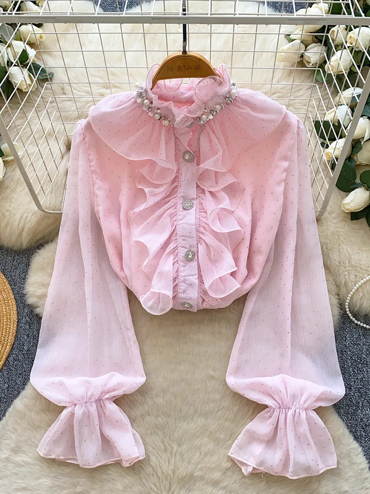 

French Sweet Long Sleeved Blouse Women's Clothing Spring Autumn Nail Bead Ruffle Edge Polka Dot Printed Chiffon Shirt Top W108