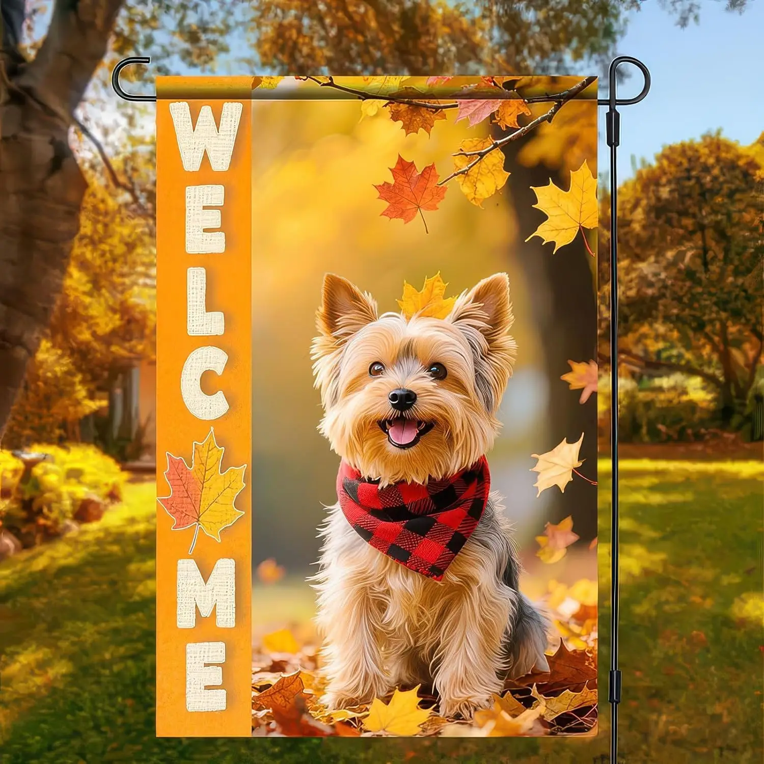 Fall Garden Flag 12x18 Inch Welcome Yorkshire Terrier Yard Banner Autumn Yorkie Dog Outdoor Flag with Maple Leaves Double Si UUN