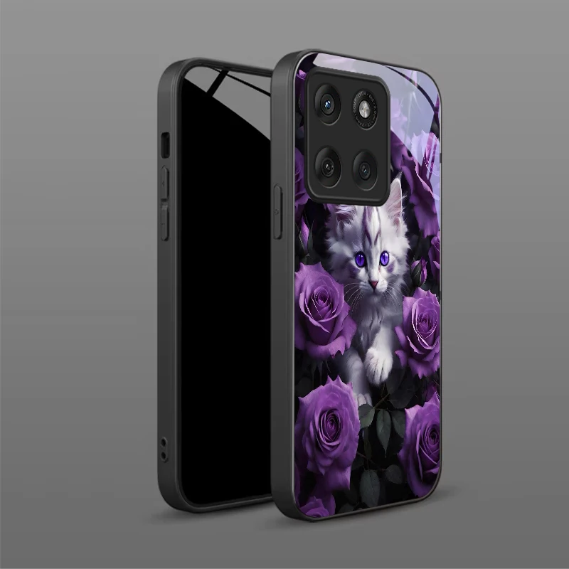 Kitten Purple Roses Black Glass Phone Case For Motorola Moto Edge 60 20 Lite 30 70 Pro 40 Neo 50 Ultra G14 G22 35 75 Back Cover view 4