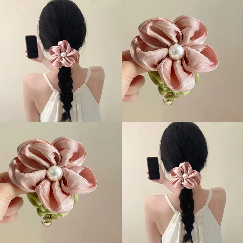 1Pcs Pink Pearl Flower Hair Rope French Style Retro Gentle Large Flower Intestine Hair Ring Artistic Gloss Rose Hair Accessories