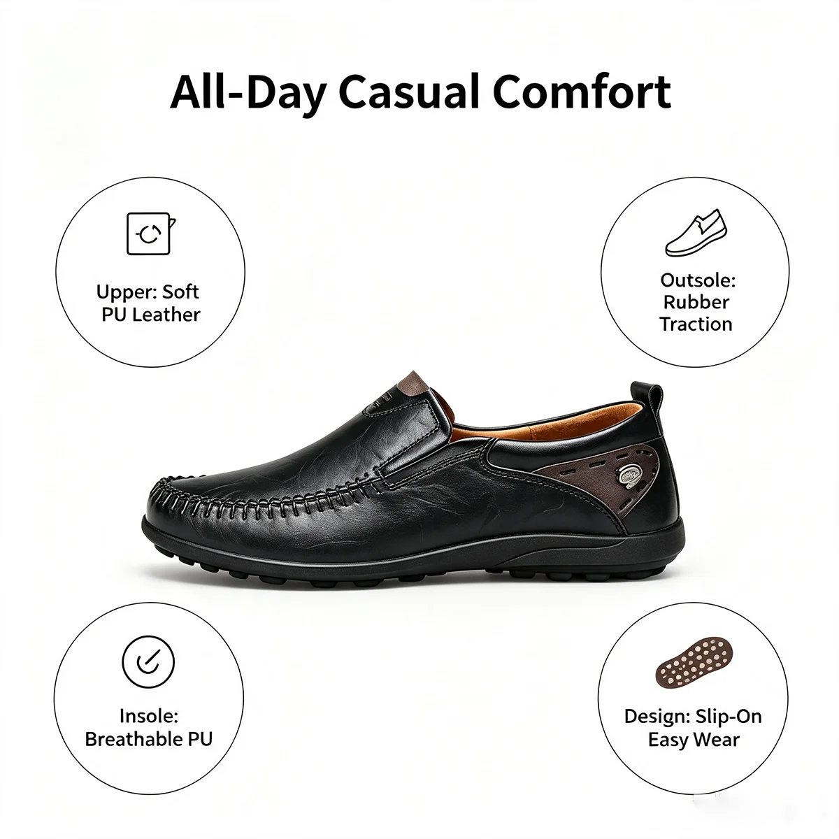Autumn and Winter Men's Outdoor Casual Walking Shoes, Soft Pu Leather Fashionable Black Slip-On Men's Shoes, Rubber Soles with Good Grip, Outdoor Commuting Driving Loafers, Men's Hiking Shoes, Loafers