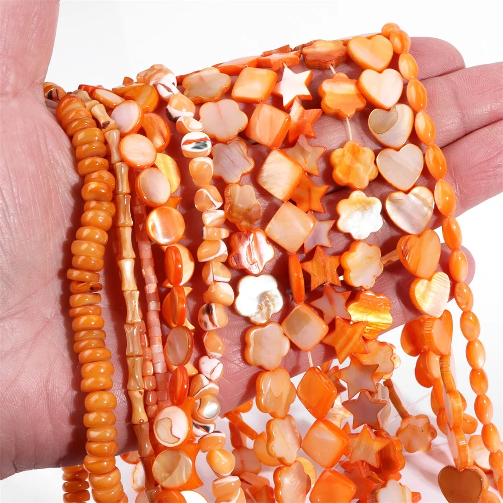Natural Orange Mother Of Pearl Mop Shell Beads Loose Round Heart Oval Shell Beads Charm For Jewelry Making DIY Bracelet Necklace