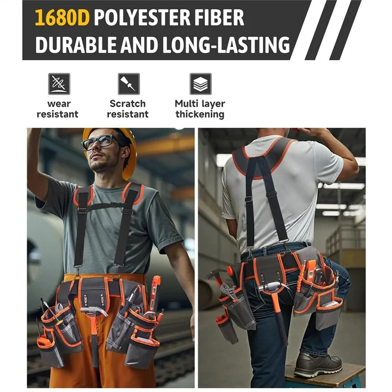 【A87T】Heavy Duty Tool Belt Utility Toolbelt Adjustable Waist Holder With Suspenders,19 Pockets For Electrician Plumbing Repair