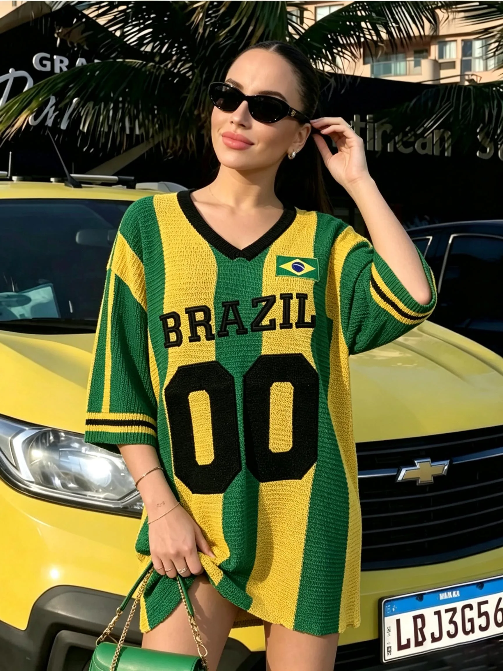 Fashionable V Neck 3/4 Sleeve Green Yellow Striped Oversized Sports Pullover Ladies Y2K Harajuku Brazil 00 Graphic Knit Sweater
