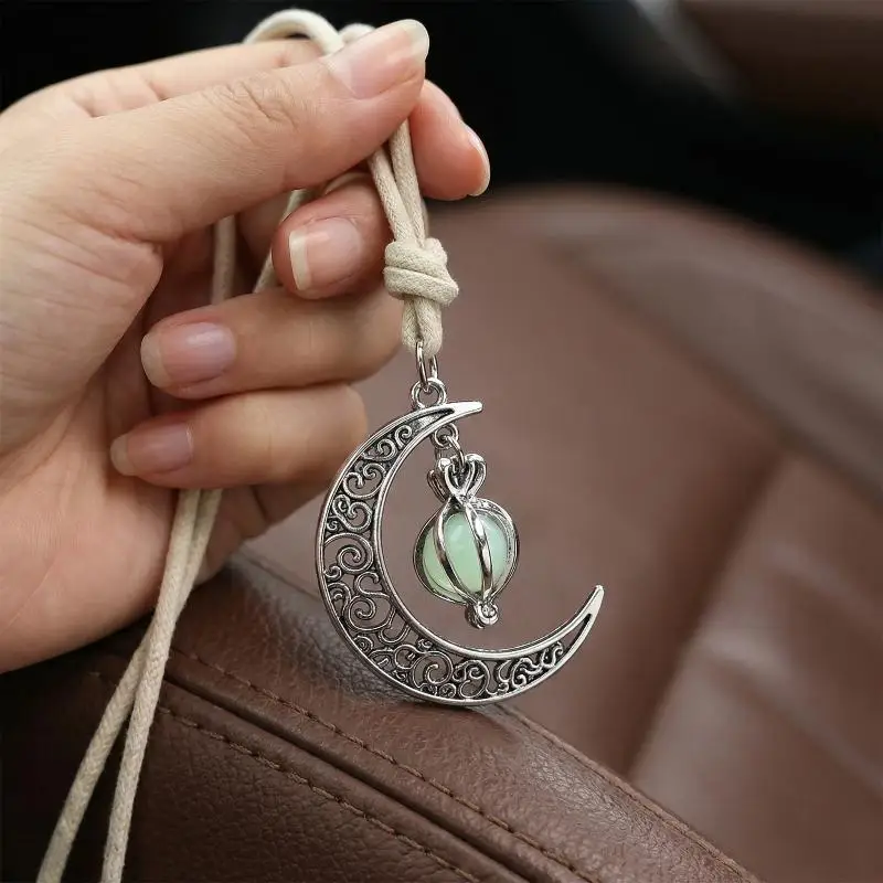 Moon Pendant Car Hanging Ornament – Hollow Crescent Design, Inlaid With Luminous Stone, Elegant Rearview Mirror Decor