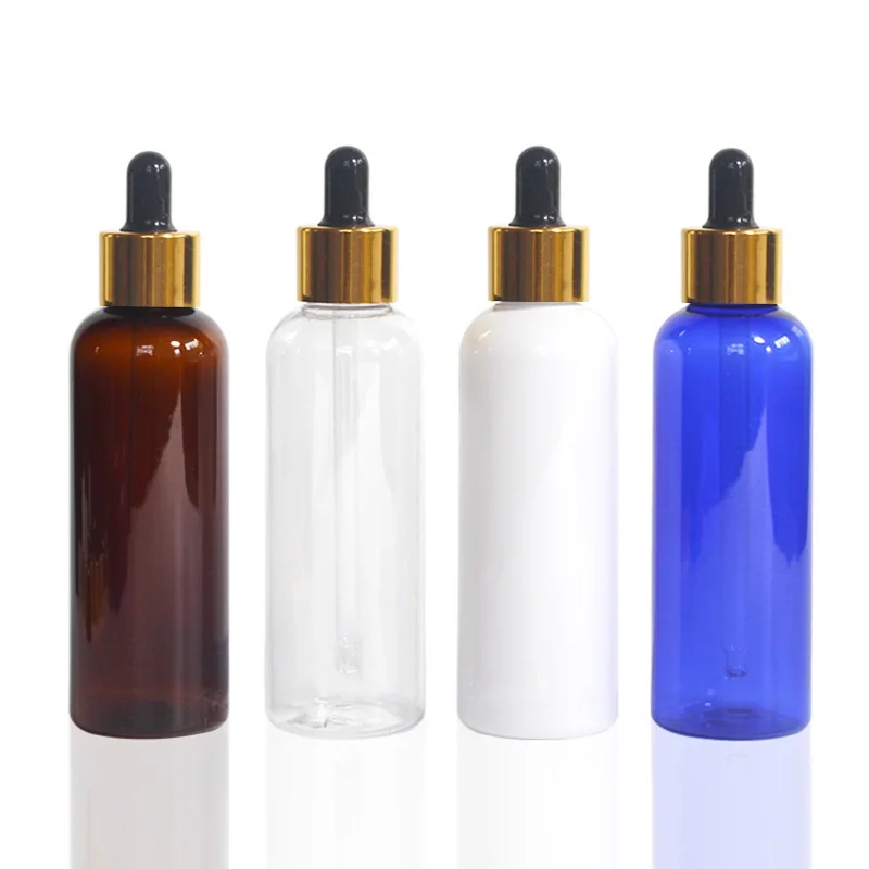 50pcs 100ml Plastic Dropper Bottle Shiny Gold Ring Black Top Clear White Blue Brown Empty Cosmetic Essential Oil Refill Bottles