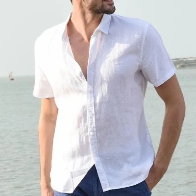 

Men's Casual Pure Color irt Stand Fit ort Sve arp Collar Summer Faion Daily Wear Linen Fabric Youth ular