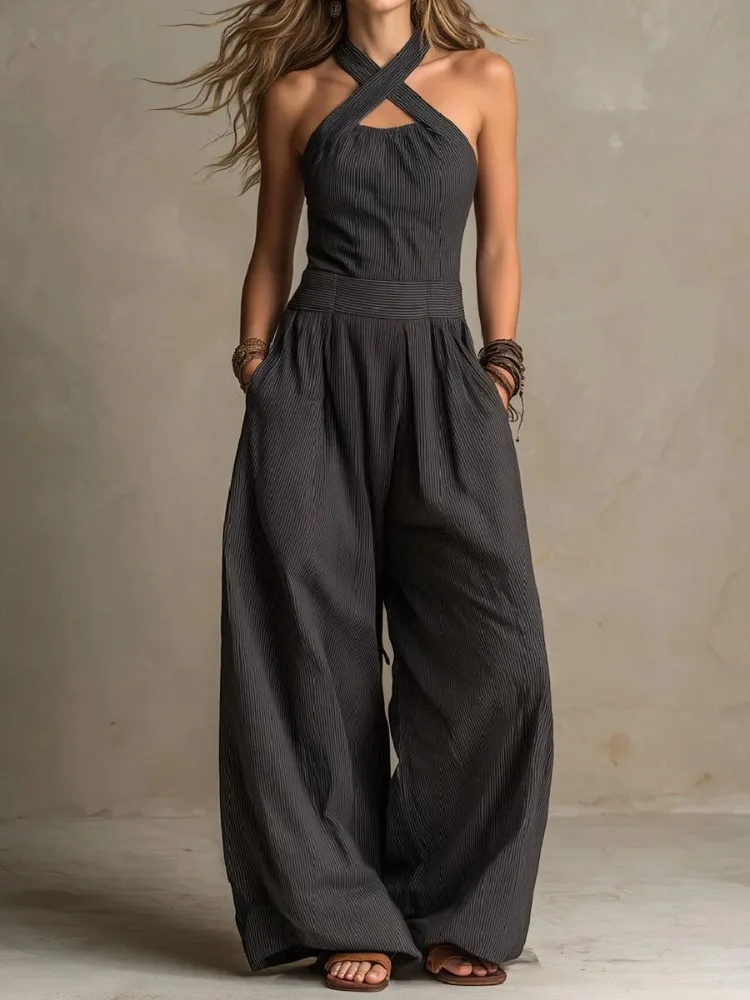 

Lemongor Women's Solid Color Halter Neck Cross Front Wide Leg Jumpsuit 2026 New Sleeveless High Waisted Pleated Casual Outfits